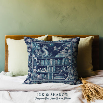 Midnight Blue Enchanted Library Dragon Pillow Celestial Dark Academia Fairycore | Whimsical Gothic Cottagecore Fantasy Art Tapestry Cushion