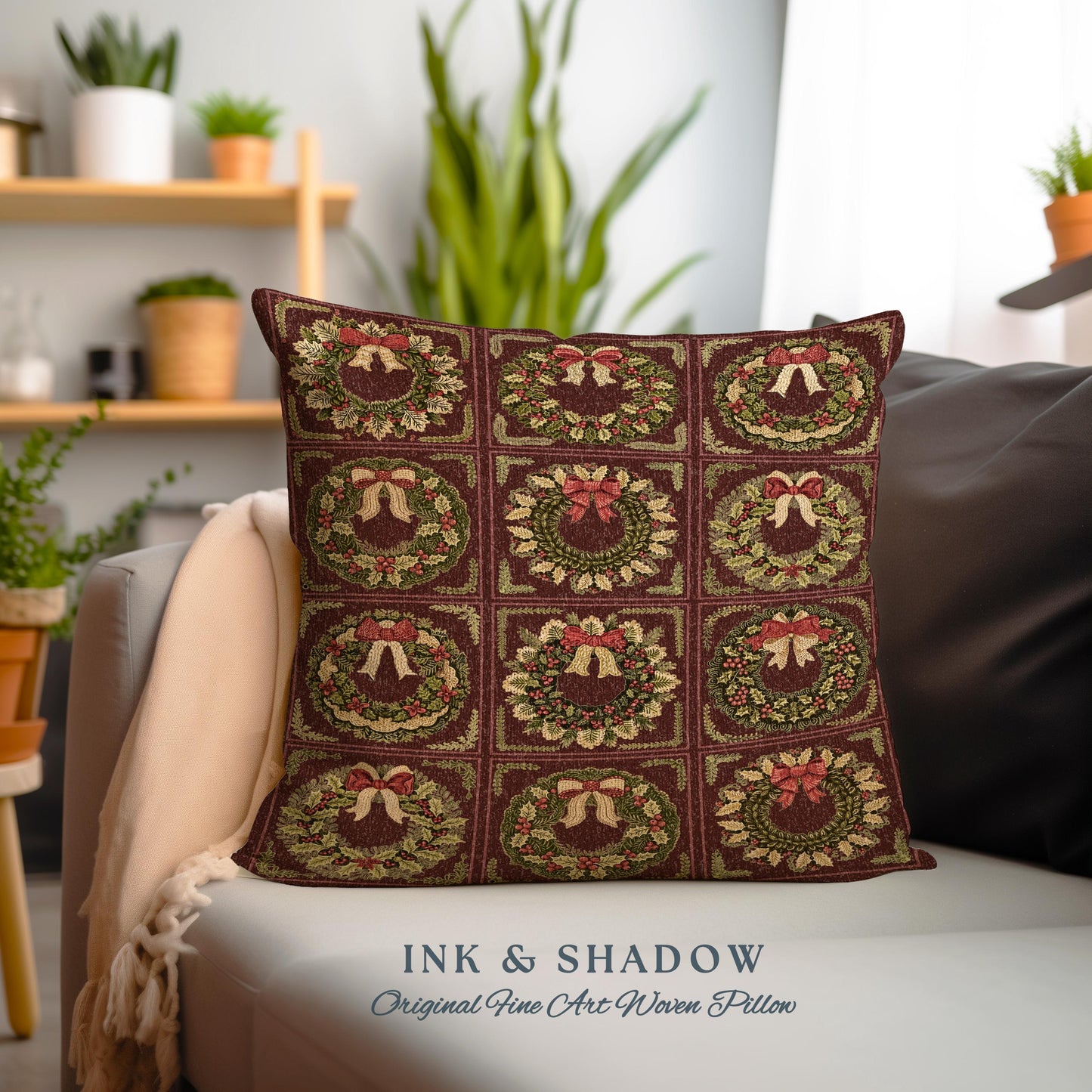 Ornate Baroque Burgundy Berry Wreath Tapestry Pillow Antique Inspired Home Decor | Elegant Festive Cozy Dark Academia Cushion Christmas Gift