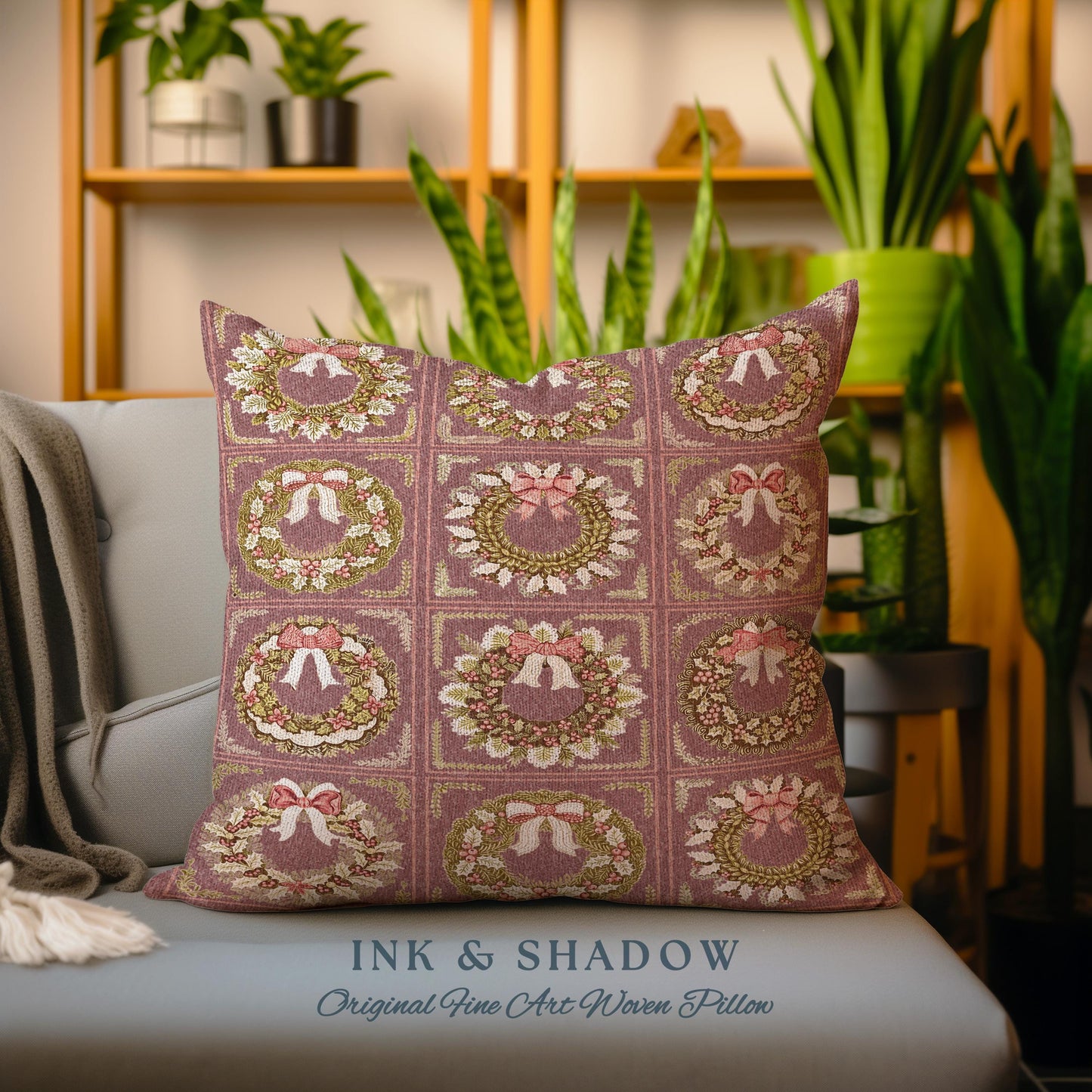 Cinnamon Spice Coquette Christmas Wreath Woven Tapestry Pillow Romantic Baroque Aesthetic | Vintage Folklore Art Cottagecore Festive Cushion