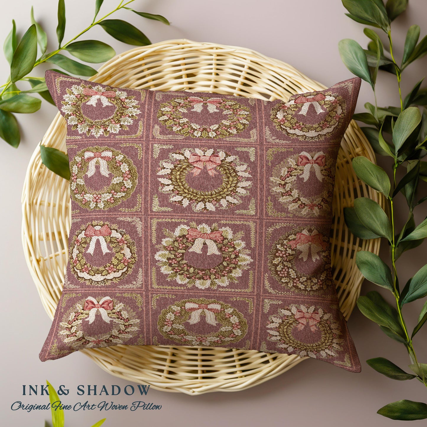 Cinnamon Spice Coquette Christmas Wreath Woven Tapestry Pillow Romantic Baroque Aesthetic | Vintage Folklore Art Cottagecore Festive Cushion