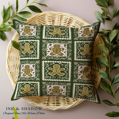 Vintage Folklore Aesthetic Gingerbread Art Pillow Festive Farmhouse Olive & Forest Green Checkered Cushion Christmas Boho Cottagecore Decor