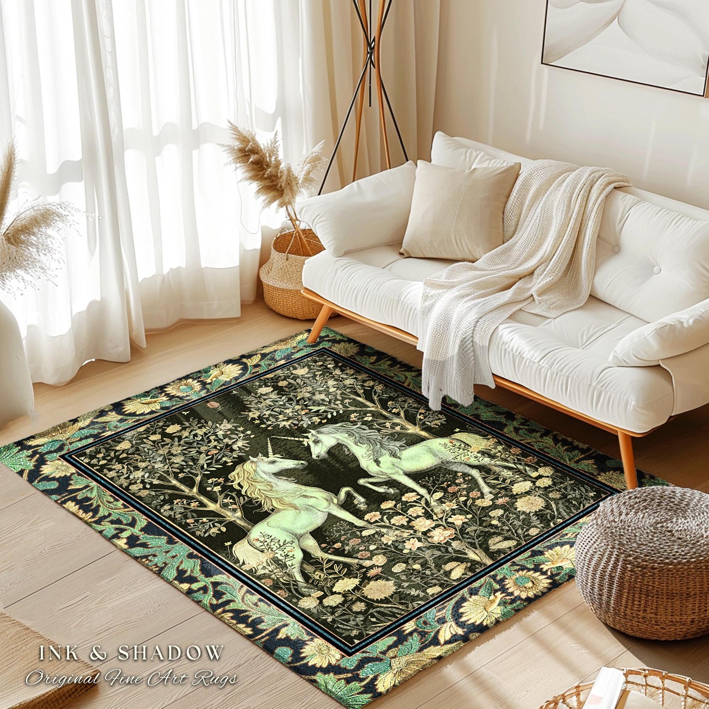 Victorian Gothic Unicorn Round Rug Ornate Baroque Fantasy Decor | Enchanted Art Nouveau Cottagecore Fairytale Whimsigoth Maximalist Accent