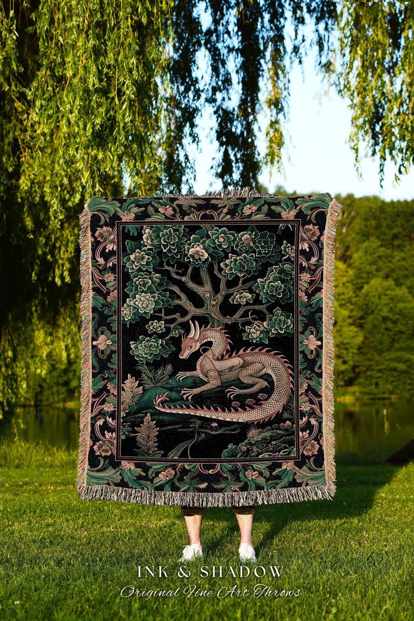 Woodland Dragon Tapestry Throw Enchanted Forest Medieval Fantasy Charm Dark Forestcore Fairytale Cottagecore Renaissance Nature Art Blanket