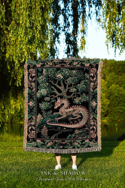 Woodland Dragon Tapestry Throw Enchanted Forest Medieval Fantasy Charm Dark Forestcore Fairytale Cottagecore Renaissance Nature Art Blanket