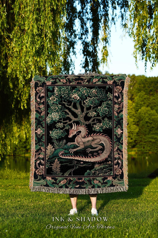 Woodland Dragon Tapestry Throw Enchanted Forest Medieval Fantasy Charm Dark Forestcore Fairytale Cottagecore Renaissance Nature Art Blanket