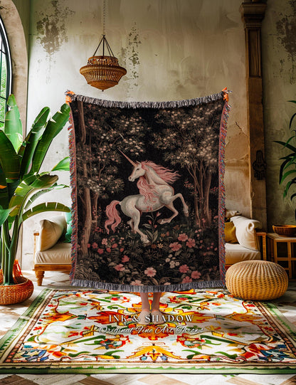 Enchanted Forest Mythical Unicorn Tapestry Throw Ethereal Botanical Fairycore Woodland Gothic Dark Floral Magical Creature Fairytale Blanket