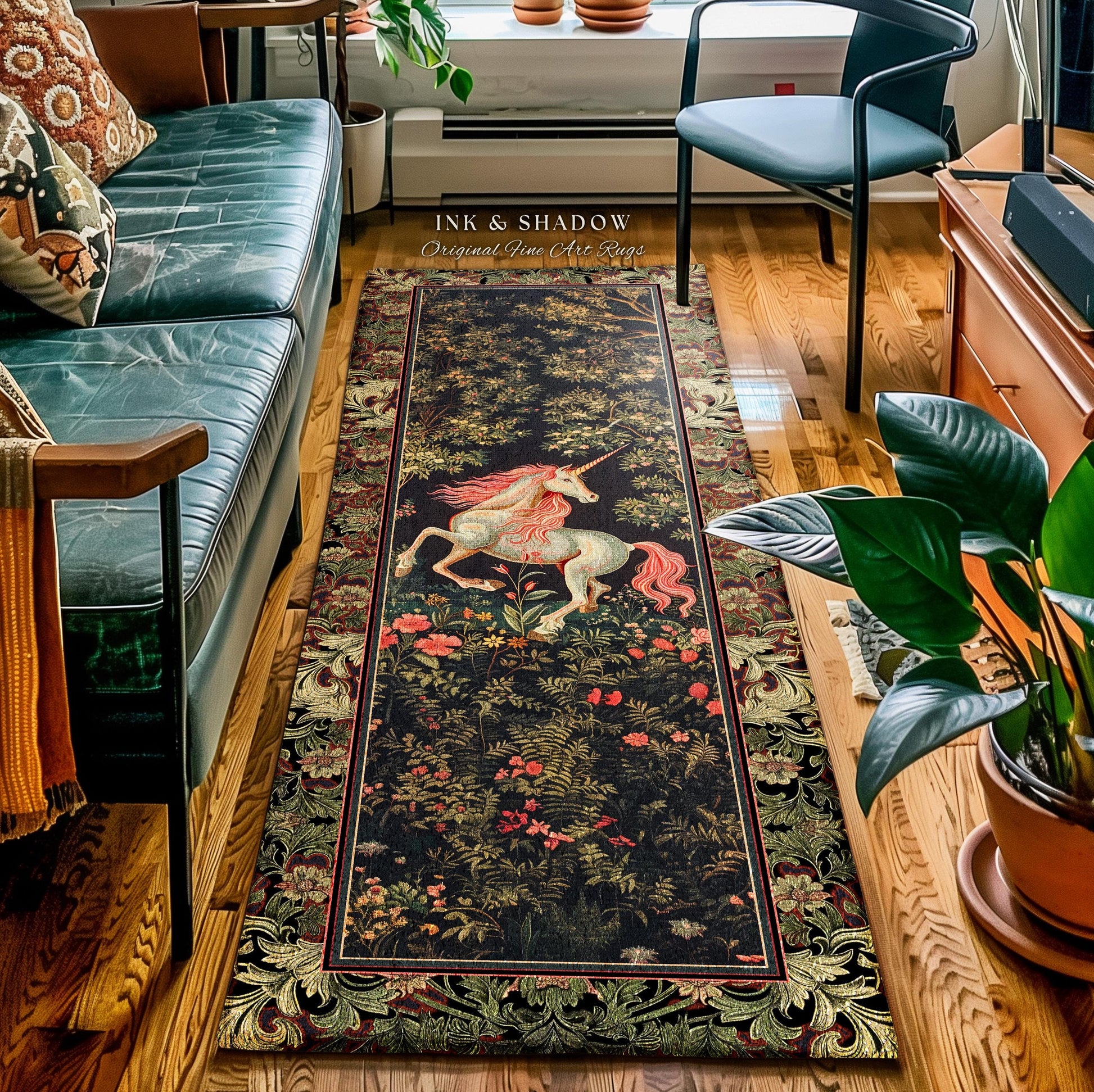 Whimsical Enchanted Unicorn Runner Rug Victorian Gothic Dark Cottagecore Decor, Renaissance Folklore Accent Baroque Fairytale Aesthetic Home