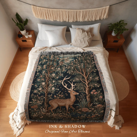 Woodland Folklore Deer Blanket | Mystic Aesthetic Folk Art Tapestry Woven William Morris Decor Dark Cottagecore Deer Gift Cozy Throw