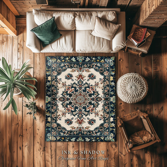 Bohemian Blue Area Rug | Eclectic Living Room Pastel Blue Home Decor Rustic Aesthetic Cottagecore Bedroom Floor Mat for Living Room Area Rug