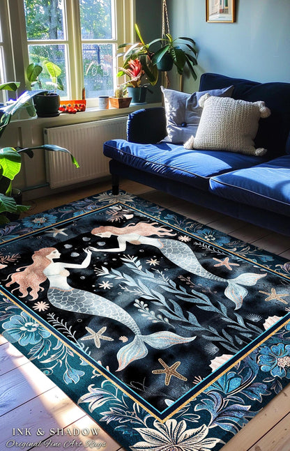 Mystical Midnight Blue Mermaid Rug Floral Oceanic Decor, Art Nouveau Coastal Cottagecore Whimsical Sea Nymph Enchanted Nautical Fantasy Rug