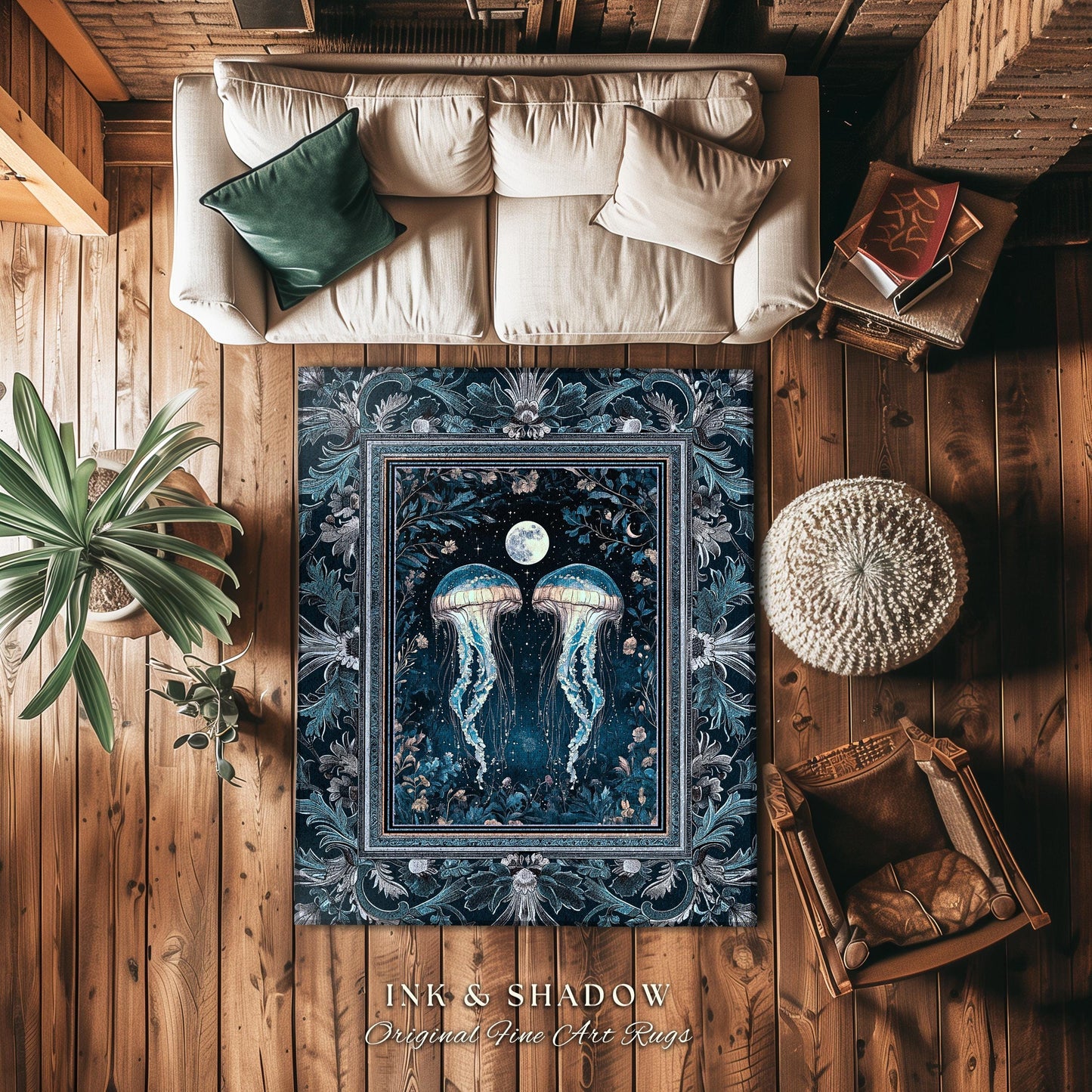 Lunar Ocean Jellyfish Rug Deep Blue Ethereal Coastal Decor, Enchanted Art Nouveau Cottagecore Marine Scene Moonlight Nautical Underwater Rug
