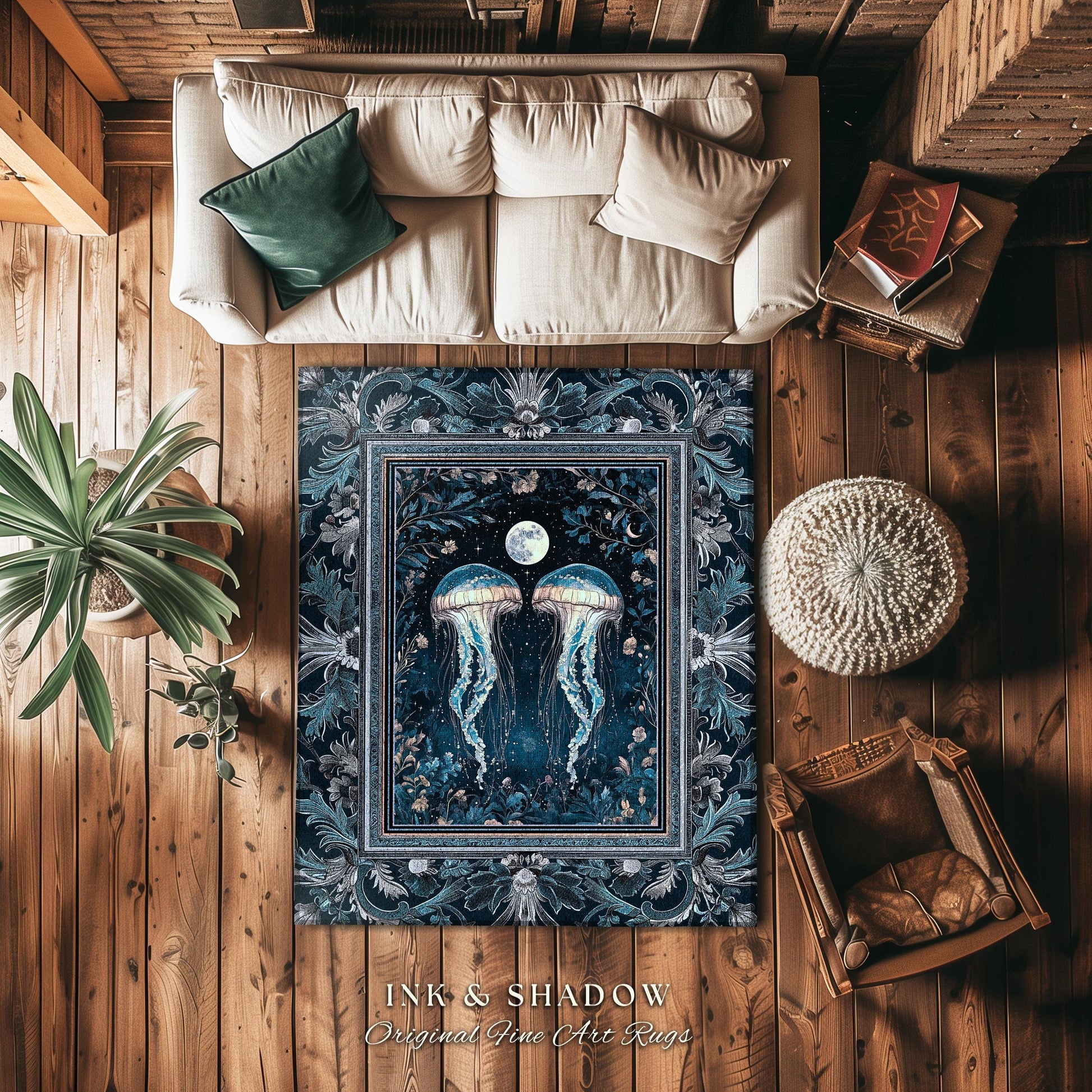 Lunar Ocean Jellyfish Rug Deep Blue Ethereal Coastal Decor, Enchanted Art Nouveau Cottagecore Marine Scene Moonlight Nautical Underwater Rug