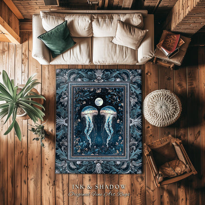 Lunar Ocean Jellyfish Rug Deep Blue Ethereal Coastal Decor, Enchanted Art Nouveau Cottagecore Marine Scene Moonlight Nautical Underwater Rug