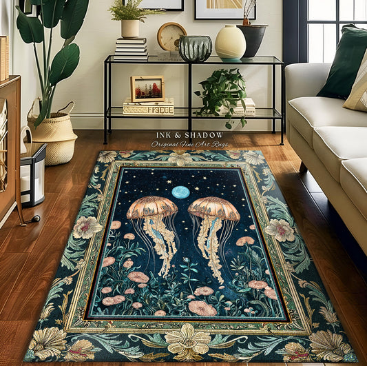 Enchanted Jellyfish Rug Midnight Blue Celestial Floral Coastal Cottagecore, Art Nouveau Marine Fairycore Moonlit Mystical Underwater Decor