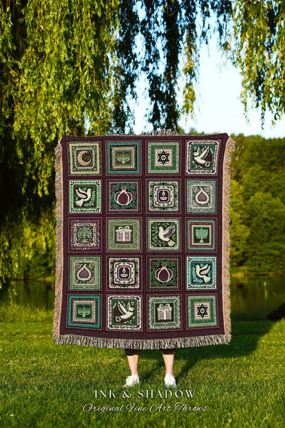 Whimsical Jewish Heritage Tapestry Blanket Bohemian Judaica Decor | Star of David, Pomegranate & Menorah Patchwork Throw Hanukah Art Gifts