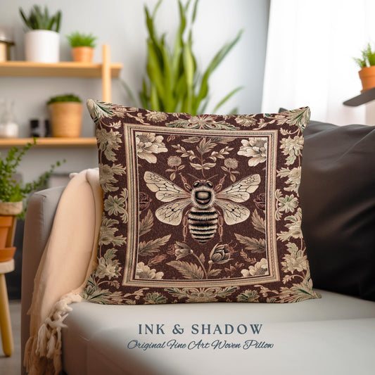 Regal Honeybee Pillow Baroque Inspired Vintage Floral Insect Art Decor | Medieval Cottagecore Bee Garden Woodland Whimsy Folklore Cushion