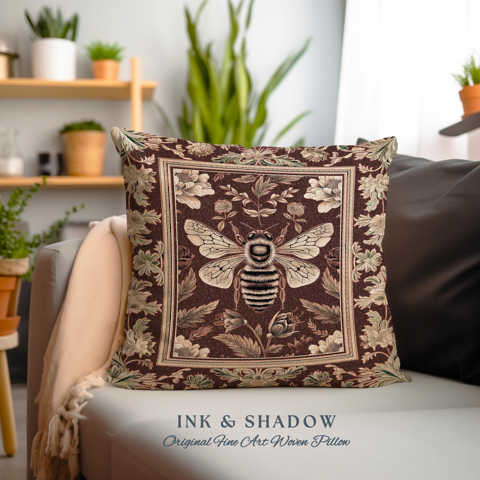 Regal Honeybee Pillow Baroque Inspired Vintage Floral Insect Art Decor | Medieval Cottagecore Bee Garden Woodland Whimsy Folklore Cushion