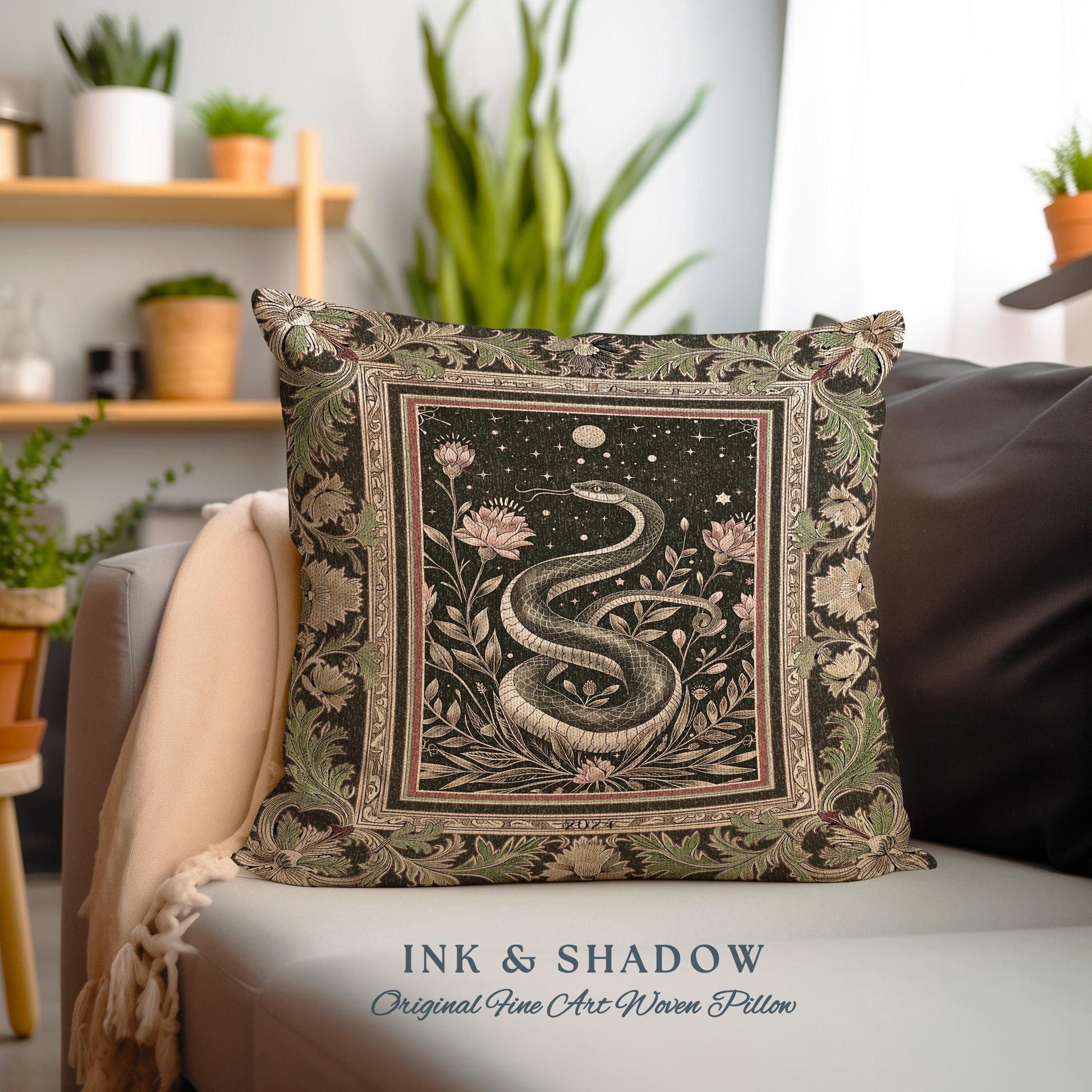 Celestial Serpent Woven Tapestry Pillow Enchanted Floral Gothic Cushion | Mystical Moonlit Medieval Snake Art Dark Academia Vintage Baroque