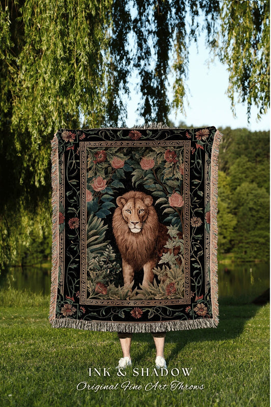 Mystic Jungle Lion Blanket | Rainforest Themed Decor William Morris Style Aesthetic Fairycore Boho Woven Tapestry Jungle Floral Botanical