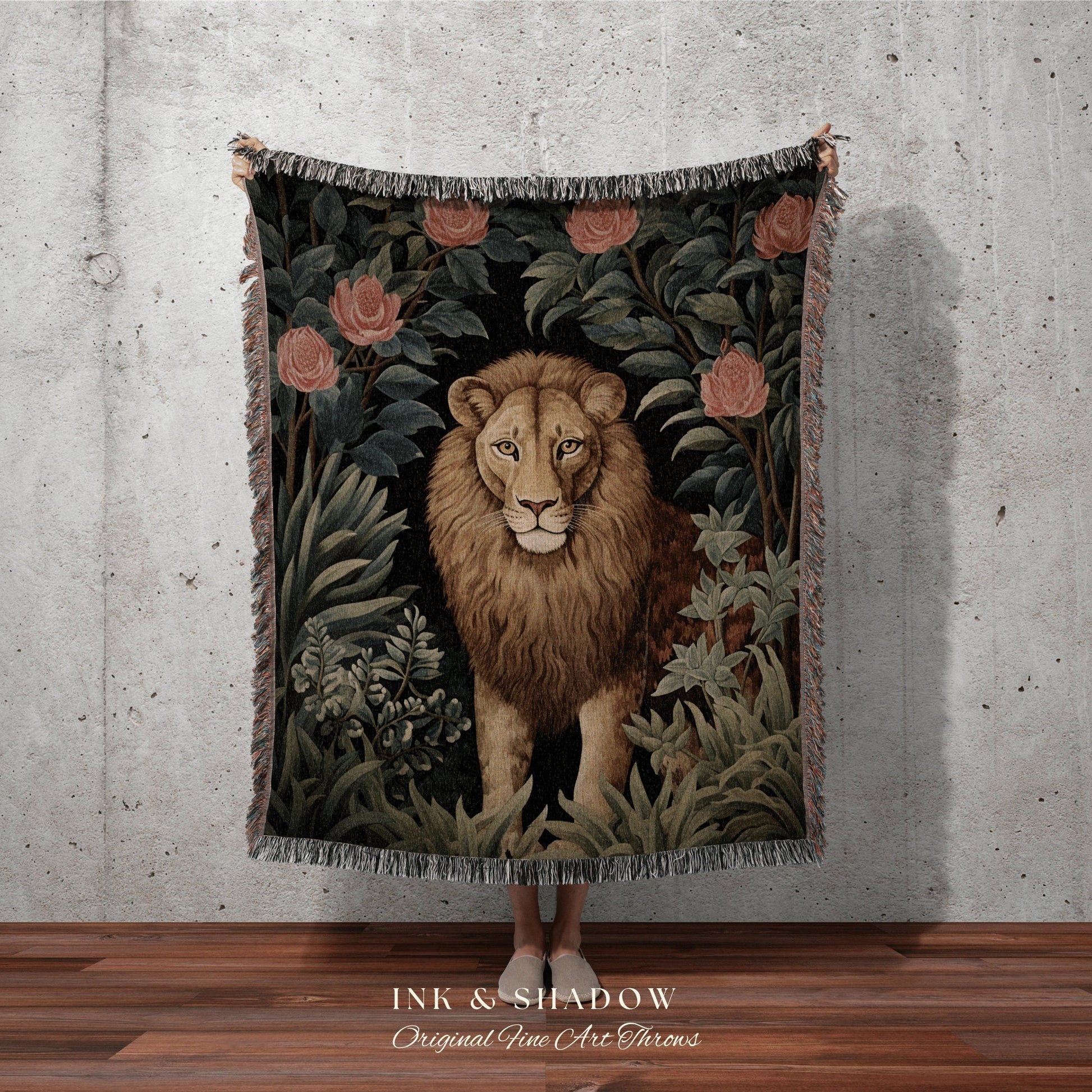 Vintage Gothic Lion Tapestry | Botanical Folk Art Blanket Woven Tapestry William Morris Throw Woodland Gothic Medieval Aesthetic Cottagecore