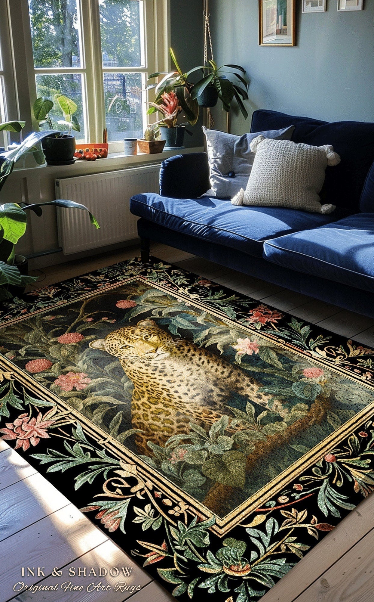 Leopard Rug Dark Floral | Nature Inspired Room Decor William Morris Style Aesthetic Fairycore Boho Bedroom Rug Jungle Cheetah Nursery Decor