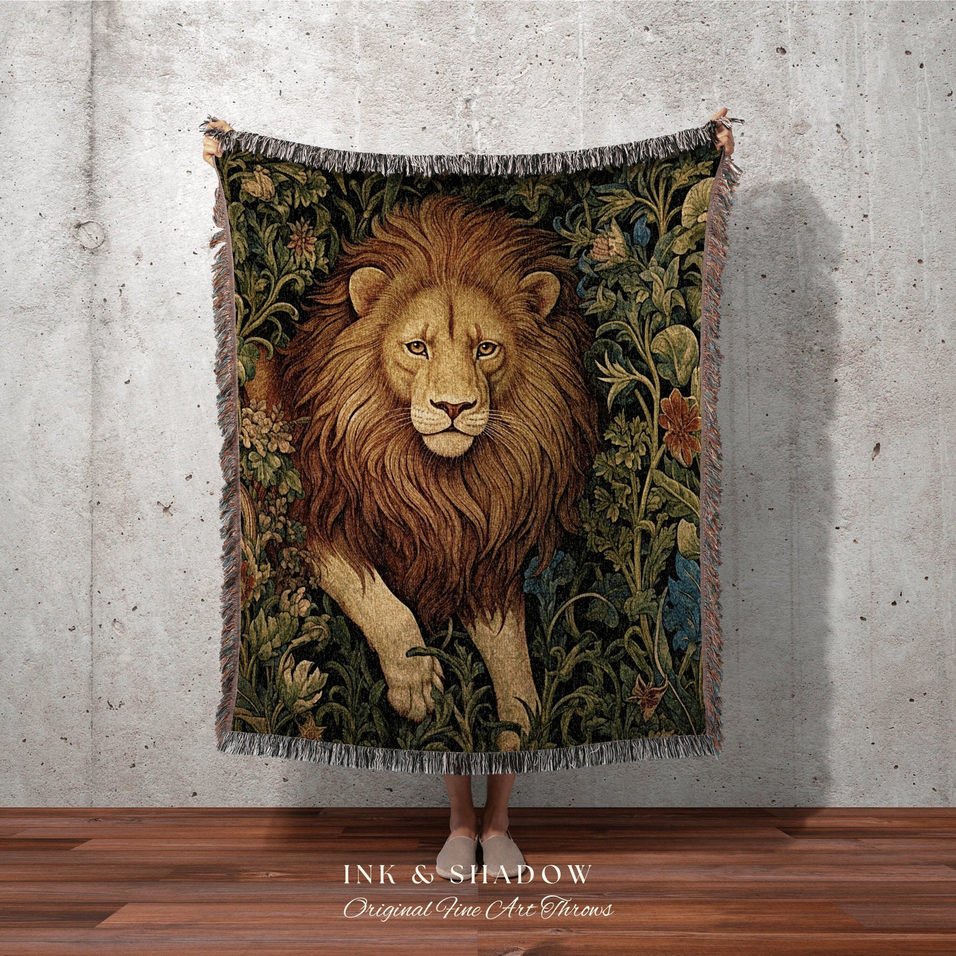 Medieval Aesthetic Lion Tapestry Throw Woodland Gothic Baroque Elegance, Dark Botanical Woven Blanket Morris Aesthetic Goth Cottagecore Art