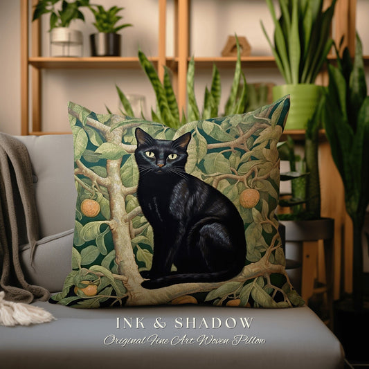 Black Cat Jungle Aesthetic Pillow | Cottagecore Theme Rustic Woodland Decor Crowcore Bedroom Fairycore Pillow Botanical Dark Academia Gift |