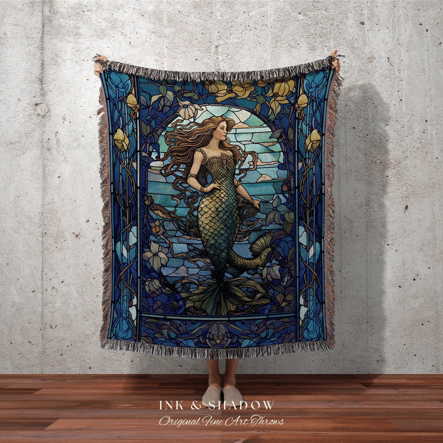 Stained Glass Mermaid Blanket | Celestial Mermaid Cottagecore Decor Art Nouveau Tapestry Woven Blanket Mermaidcore Decor Vintage Aesthetic |