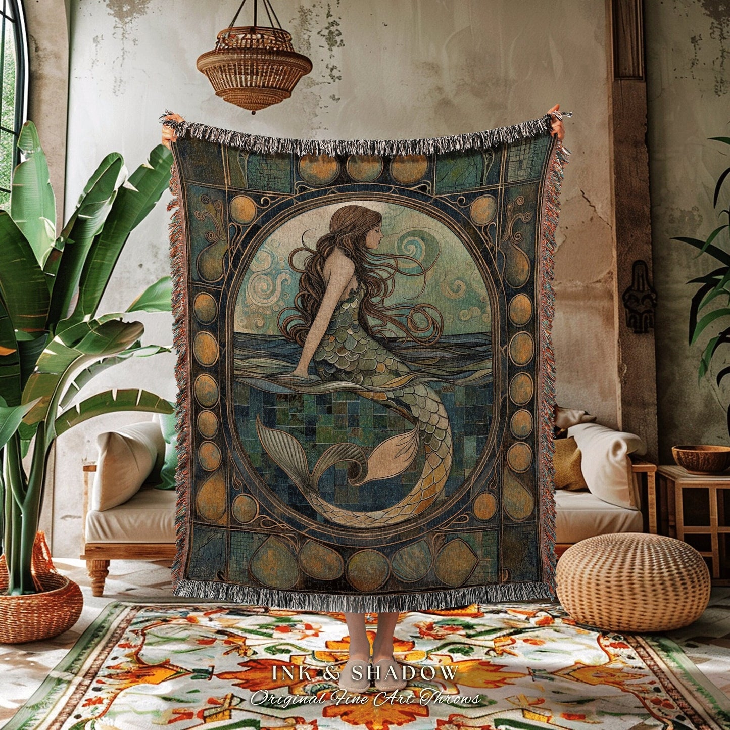 Dreamy Mermaid Tapestry Blanket | Fairycore Bedroom Celestial Siren Throw Ethereal Tapestry Sirencore Decor Witchy Stained Glass Aesthetic