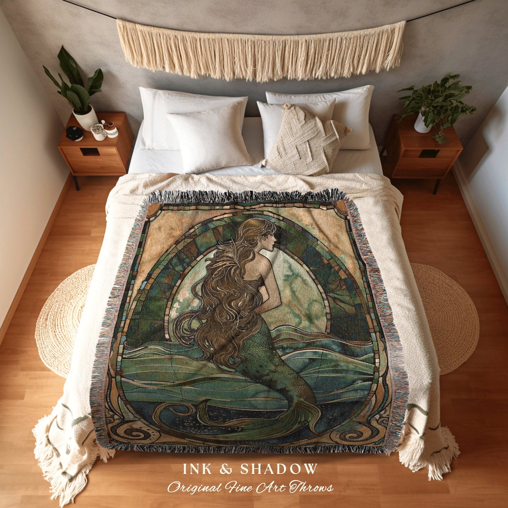 Siren Tapestry Boho Mermaid | Fairycore Bedroom Celestial Throw Ethereal Tapestry Sirencore Decor Witchy Stained Glass Art Woven Wall Art