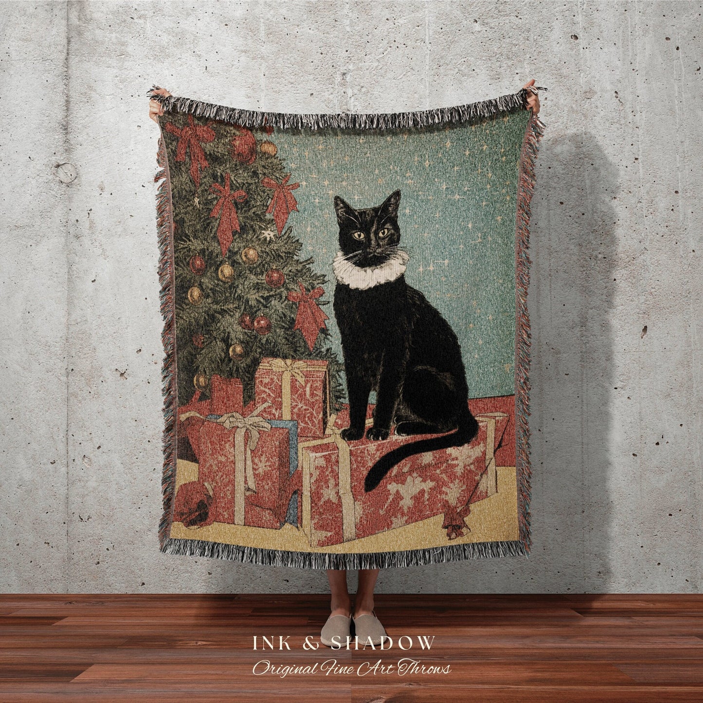 Holiday Cat Tapestry Woven Blanket | Whimsical Cat Blanket Fine Art Wall Art Funny Tapestry Whimsigoth Goth Christmas Room Decor Cute Cat |