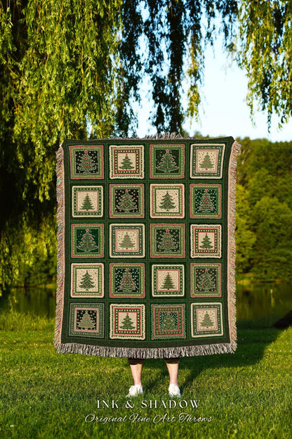 Nostalgic Retro Forest Green Checkered Christmas Tree Folk Art Blanket | Vintage Cottagecore Festive Tapestry Throw Winter Farmhouse Accent