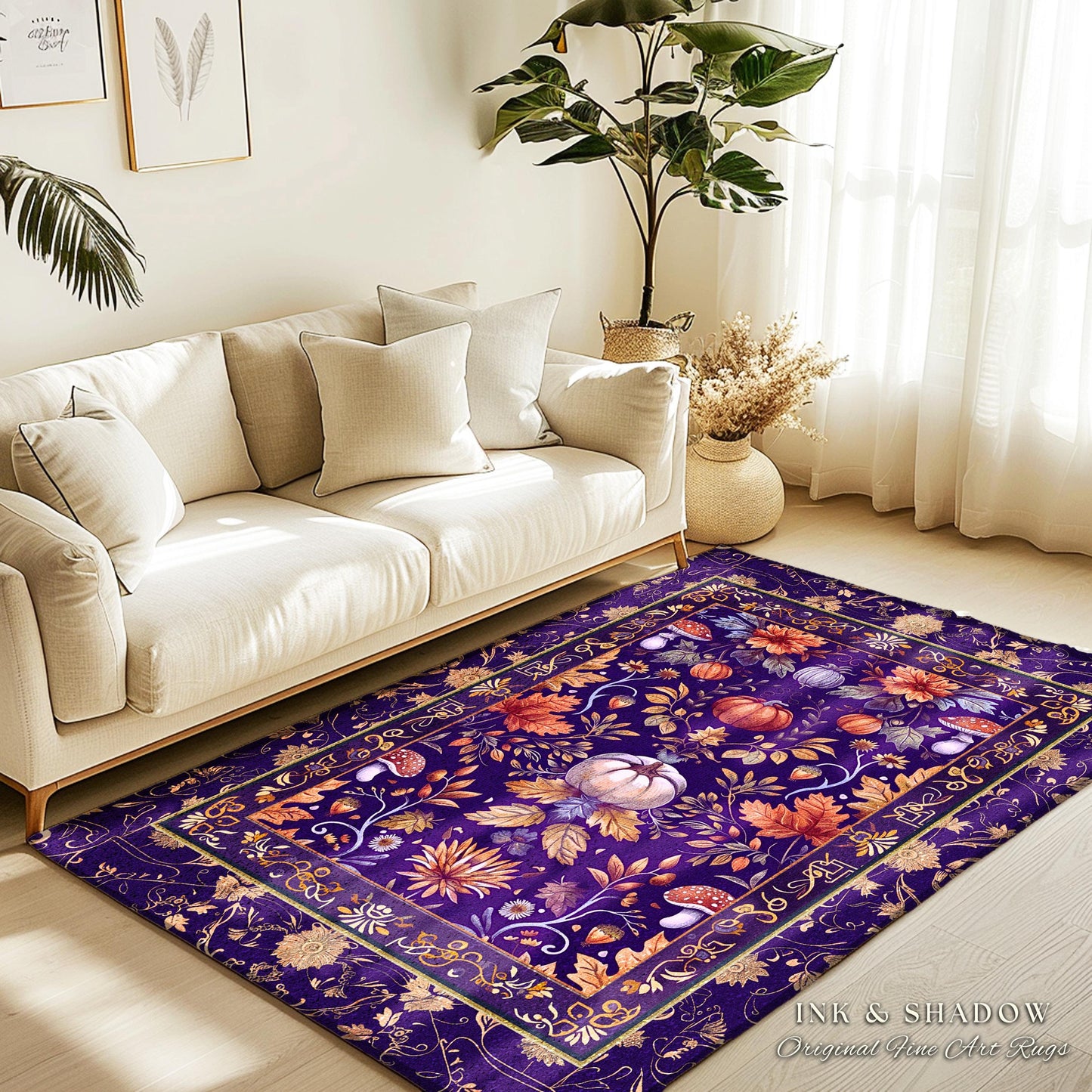 Enchanted Fall Pumpkin Decor Whimsical Floral Rug | Dark Cottagecore Moody Botanical Art Pumpkin Rug Whimsigothic Fairycore Decor Purple Rug