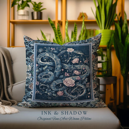 Midnight Blue Dark Floral Serpent Pillow Whimsical Vintage Botanical Snake Cushion Victorian Gothic Mystic Macabre Art Enchanted Forestcore