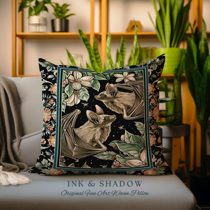 Botanical Vintage Aesthetic Bat Pillow Forestcore Mystic Woodland Gothic Cushion | Boho Fairycore Dark Academia Floral Whimsigoth Witchy Art