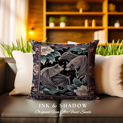 Gothic Woodland Dark Floral Bat Pillow Whimsigothic Celestial Decor | Macabre Tapestry Cushion Dark Botanical Forestcore Whimsical Bat Art