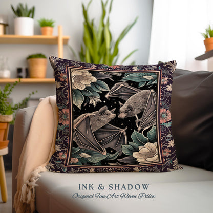 Gothic Woodland Dark Floral Bat Pillow Whimsigothic Celestial Decor | Macabre Tapestry Cushion Dark Botanical Forestcore Whimsical Bat Art