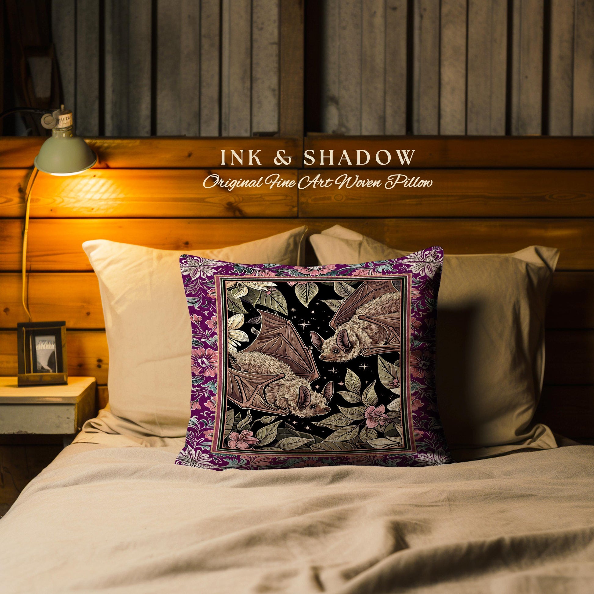 Romantic Victorian Gothic Bat Pillow Whimsical Dark Floral Baroque Forestcore | Ethereal Botanical Whimsical Woodland Cottagecore Cushion