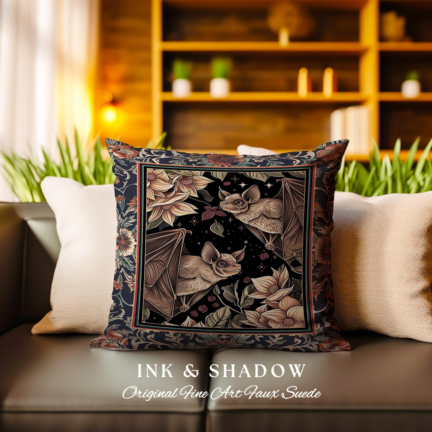 Dark Academia Mystic Bat Pillow Woodland Gothic Victorian Art Decor | Enchanted Forest Celestial Nature Cushion Whimsical Floral Cottagecore