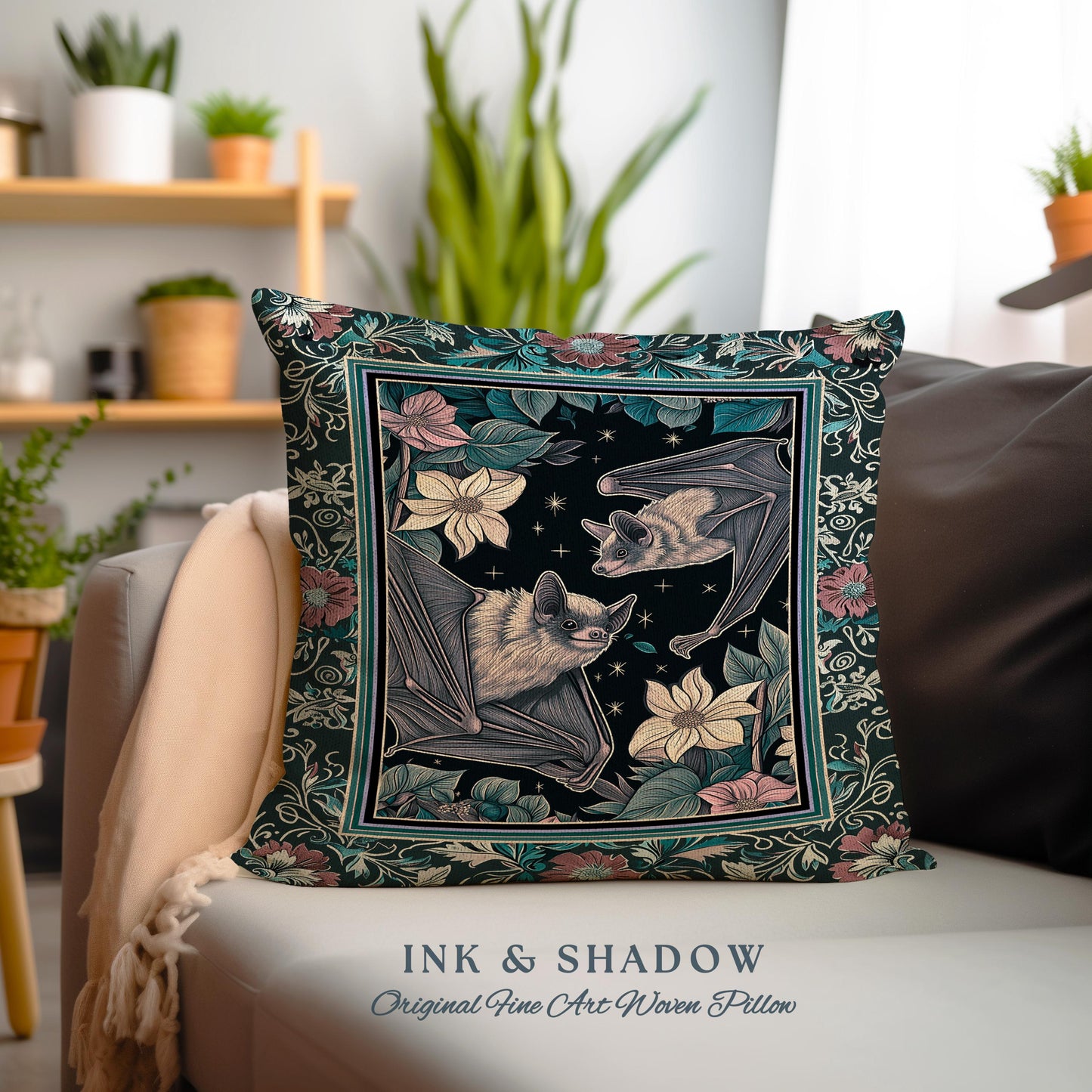 Moody Dark Acedemia Tapestry Woven Bat Pillow Starry Night Woodland Gothic Floral Decor | Antique Aesthetic Victorian Botanical Whimsigothic