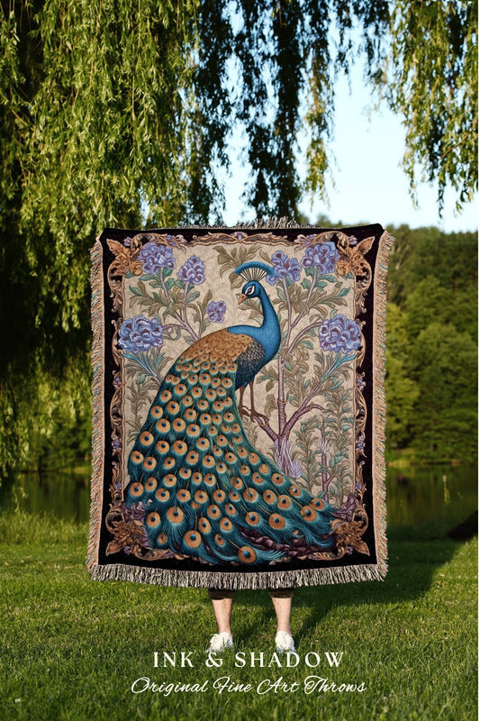 Lavender Floral Peacock Tapestry | Maximalist Fairy Core Room Decor Woven Blanket William Morris Style Pastel Cottagecore Throw Blanket |