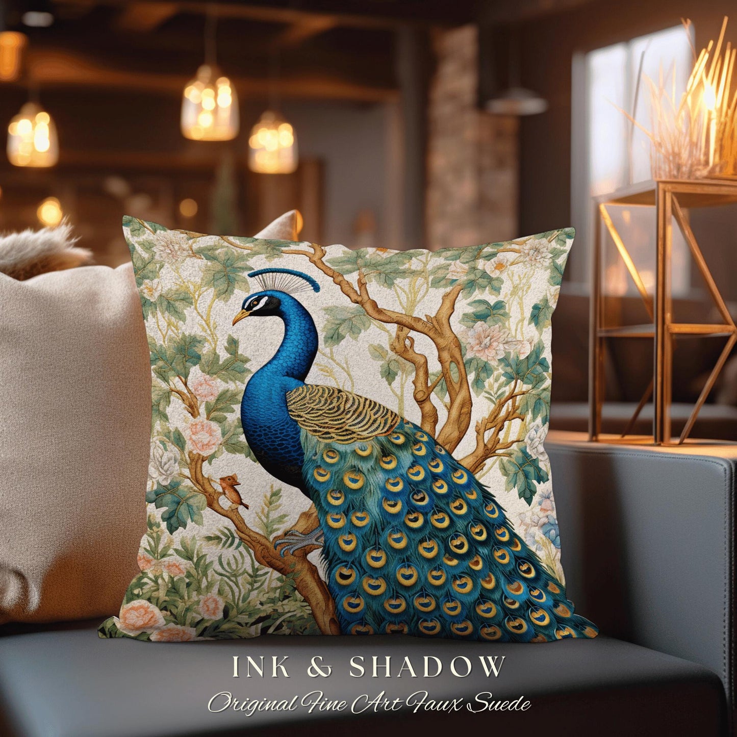 Peacock Throw Pillow Boho William Morris Inspired Decor Forestcore Room Design Maximalist Tapestry Cushion Botanical Fairy Grunge Aesthetic