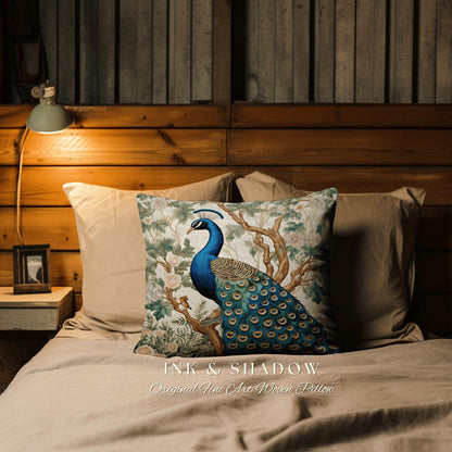 Peacock Throw Pillow Boho William Morris Inspired Decor Forestcore Room Design Maximalist Tapestry Cushion Botanical Fairy Grunge Aesthetic