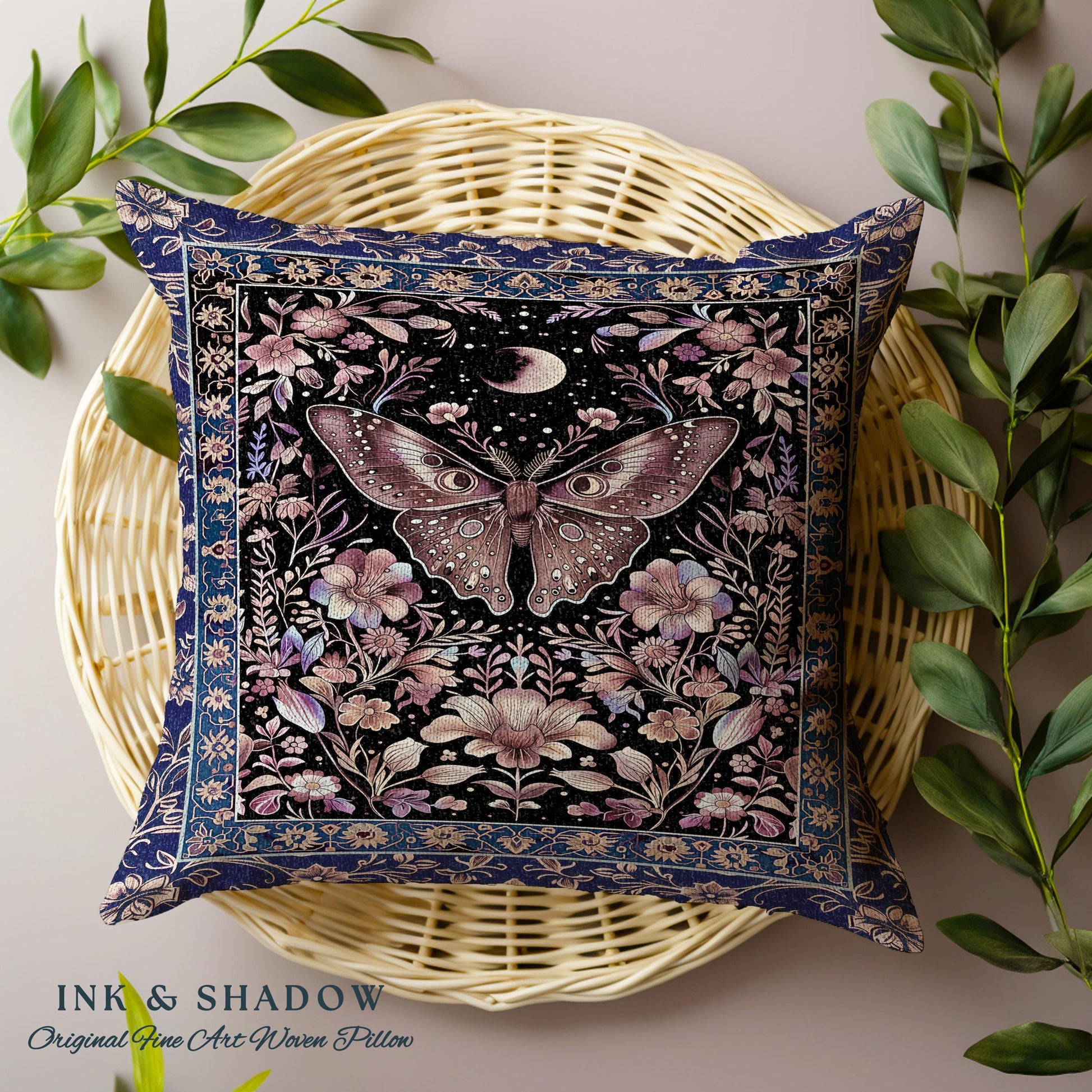 Witchy Botanical Moth Pillow Whimsigothic Purple Floral Fairycore Aesthetic | Gothic Cottagecore Butterfly Celestial Whimsy Tapestry Cushion