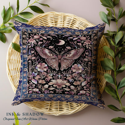 Witchy Botanical Moth Pillow Whimsigothic Purple Floral Fairycore Aesthetic | Gothic Cottagecore Butterfly Celestial Whimsy Tapestry Cushion