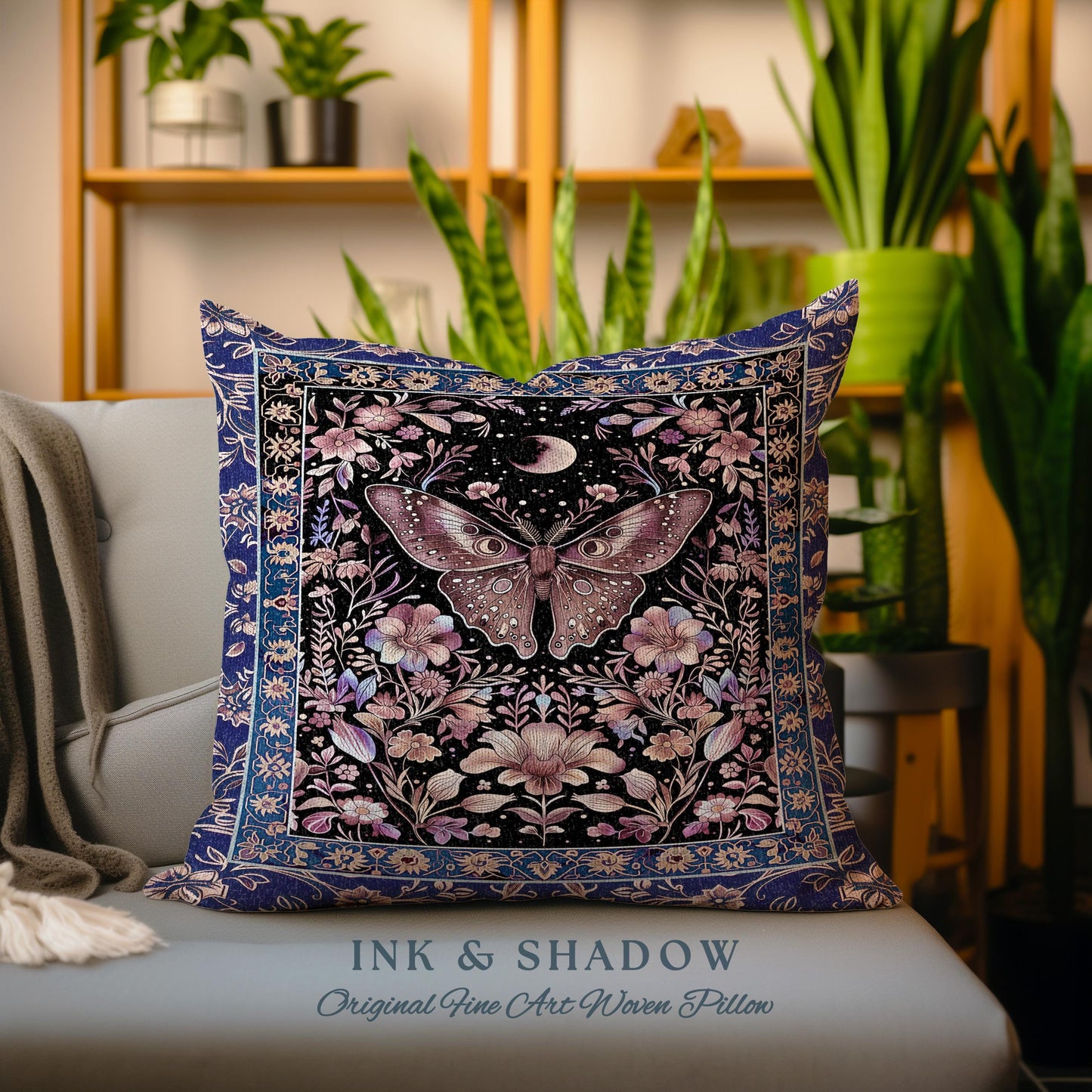 Witchy Botanical Moth Pillow Whimsigothic Purple Floral Fairycore Aesthetic | Gothic Cottagecore Butterfly Celestial Whimsy Tapestry Cushion