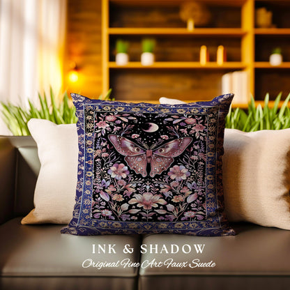 Witchy Botanical Moth Pillow Whimsigothic Purple Floral Fairycore Aesthetic | Gothic Cottagecore Butterfly Celestial Whimsy Tapestry Cushion