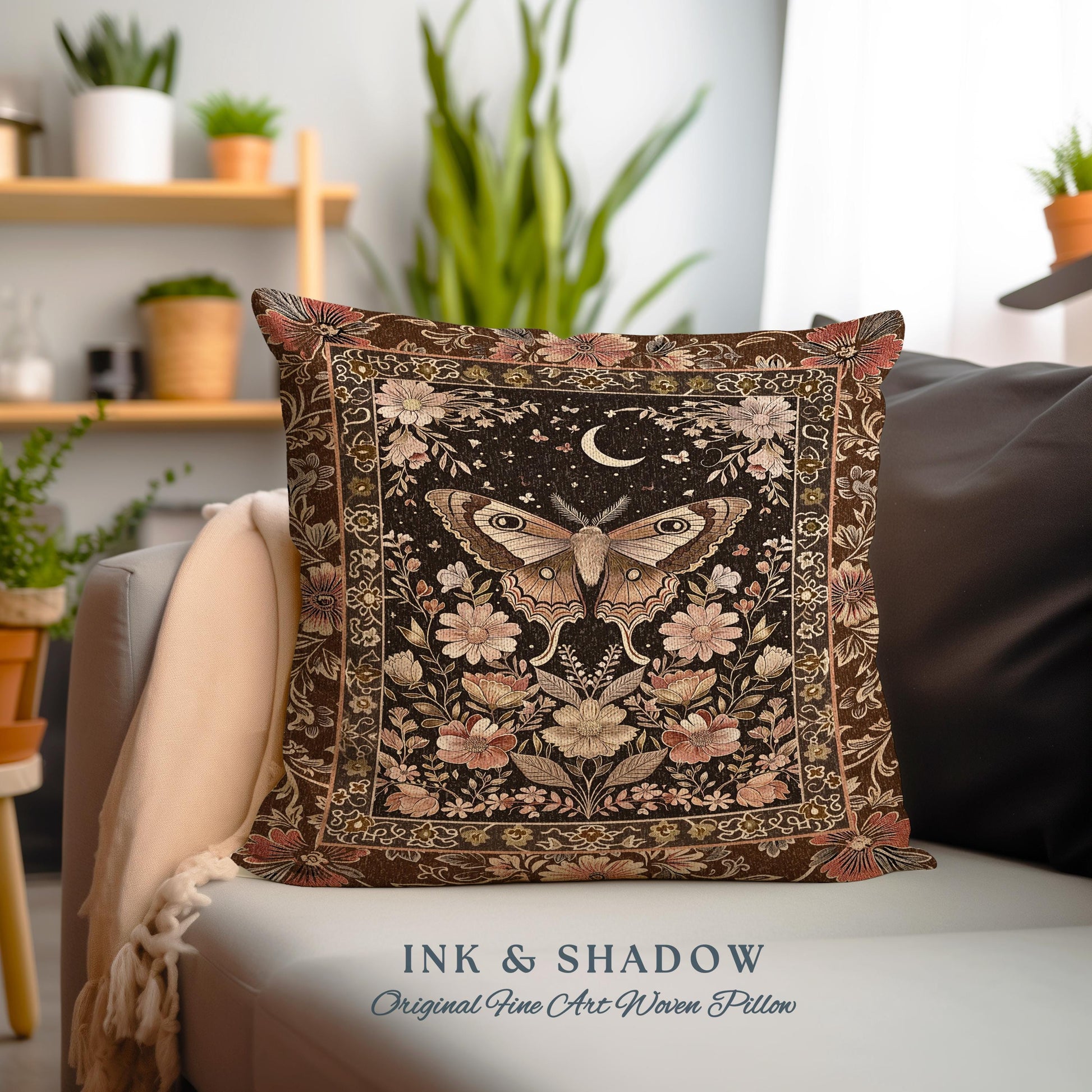 Rustic Floral Cottageore Moth Tapestry Pillow Vintage Aesthetic Fairycore Room Decor | Dark Academia Botanical Butterfly Wildflower Cushion