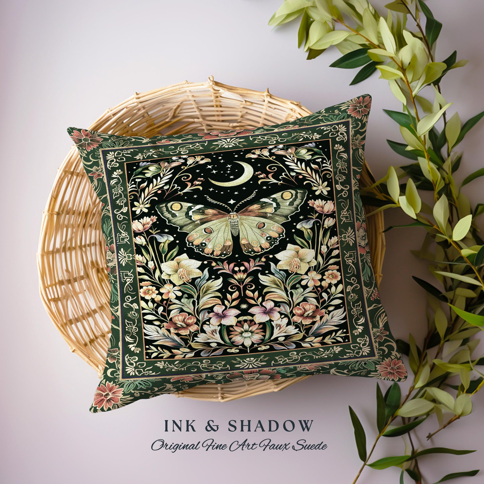 Boho Botanical Moth Woven Pillow Floral Grunge Fairycore Room Decor, Gothic Moon Moth Butterfly Forestcore Dark Cottagecore Tapestry Cushion