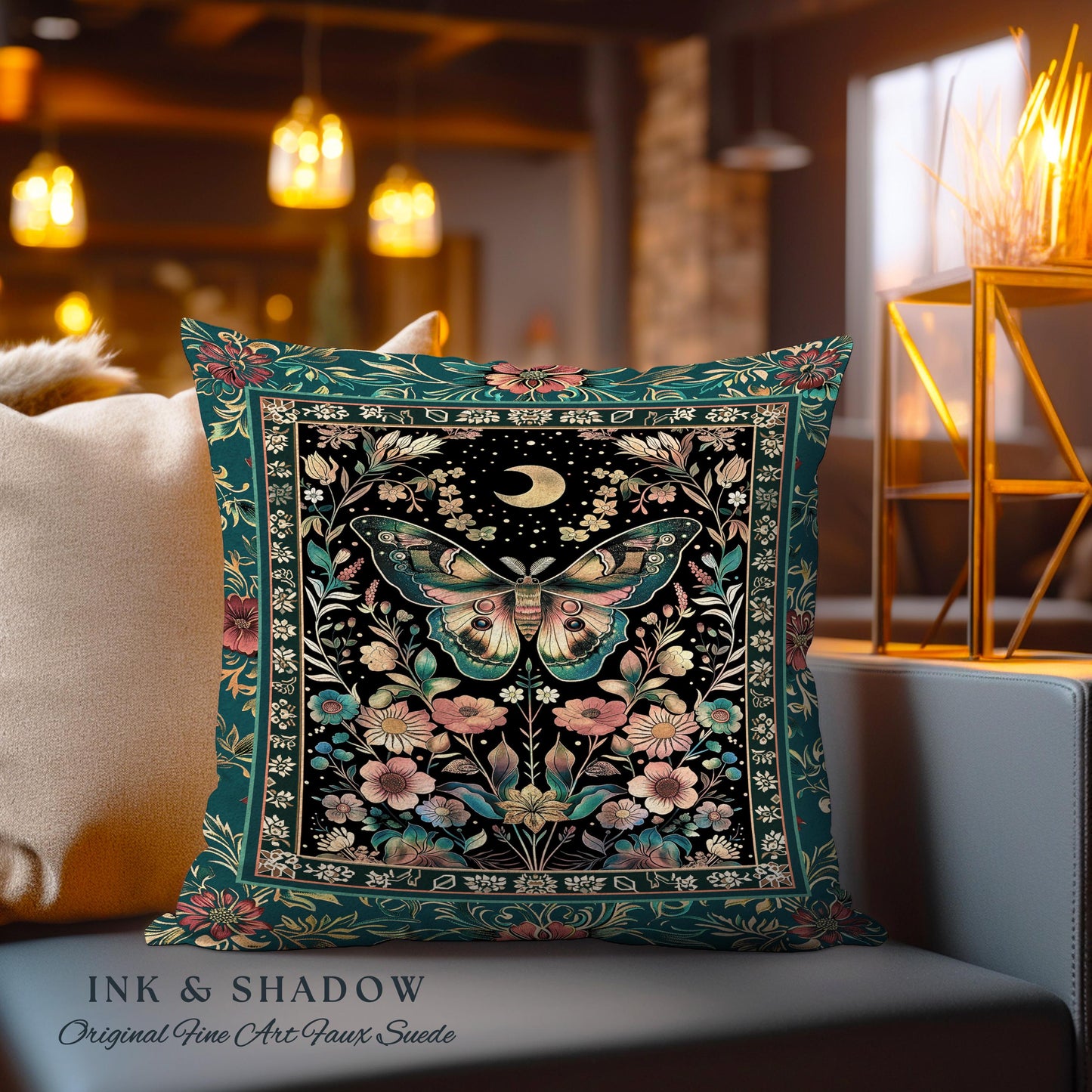 Mystic Moonlit Garden Moth Pillow Whimigothic Fairycore Decor, Dark Floral Witchy Moth Tapestry Cushion Whimsical Butterfly Cottagecore Gift